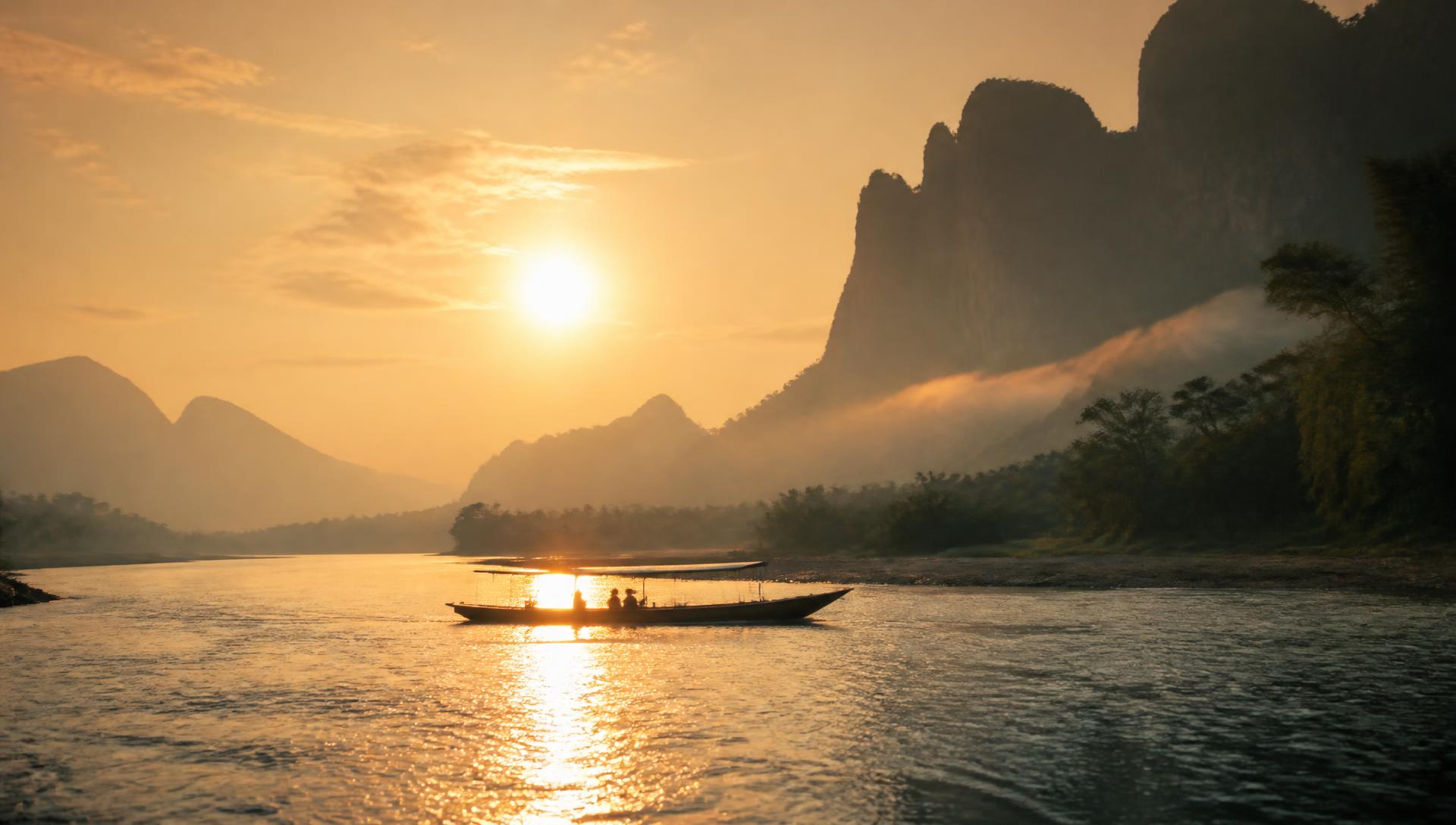 Longboat on the Mekong river at sunrise in Laos